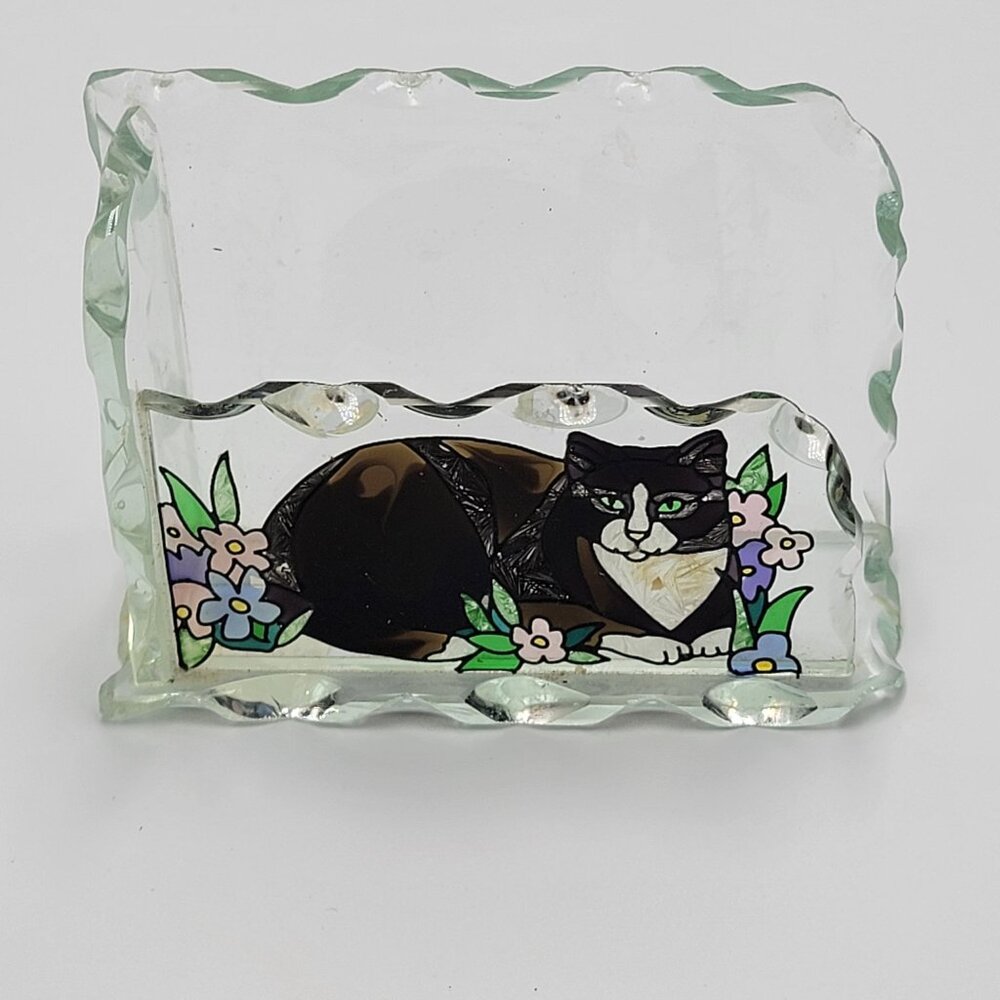 Vtg Tiffany Cats Hand Painted Glass Card Holder By Joan Baker